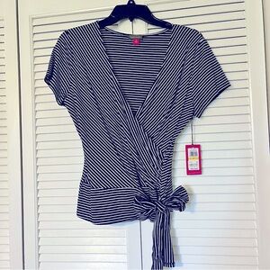 Vince Camuto Black and White Striped Faux-Wrap Shirt